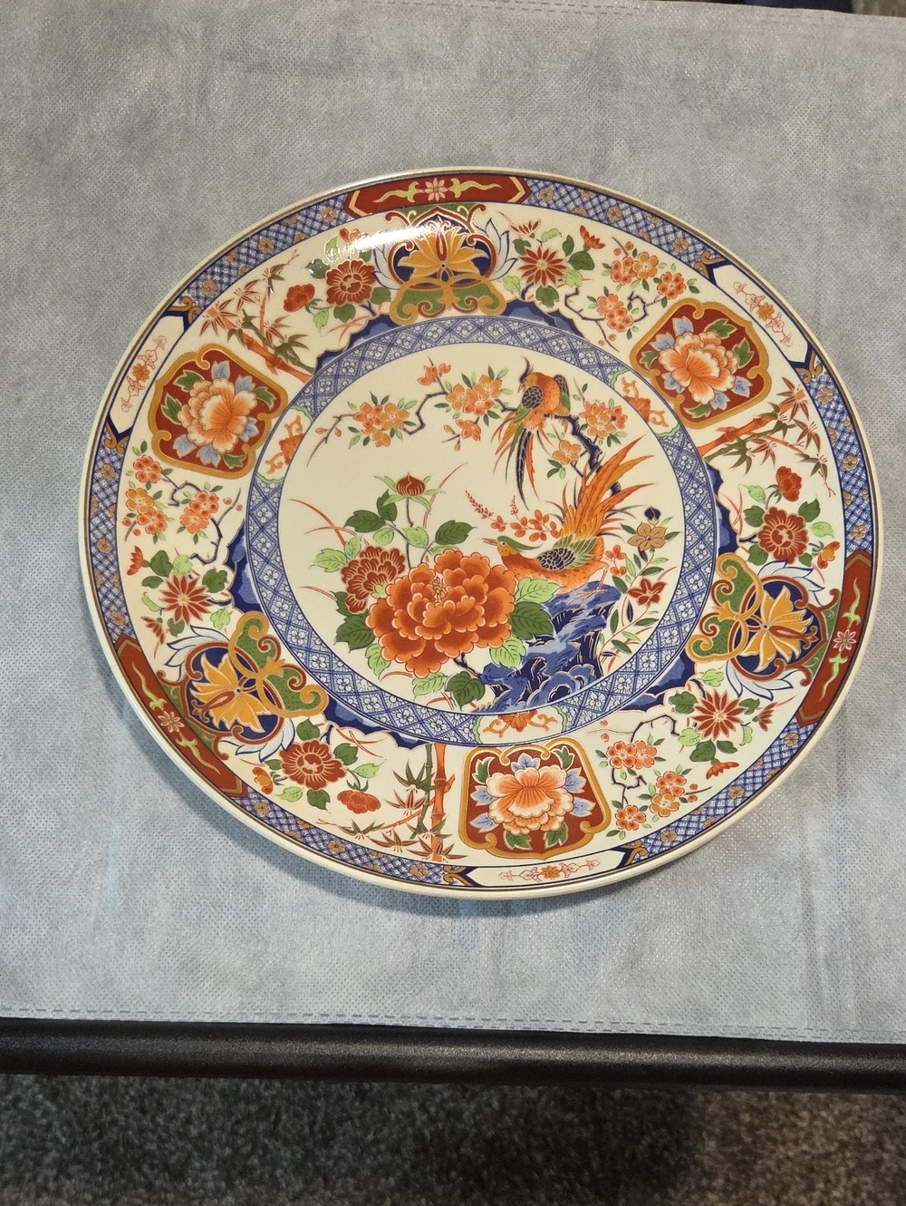Decorative Floral Bird Porcelain 10.5" Charger Plate - Orange & Blue